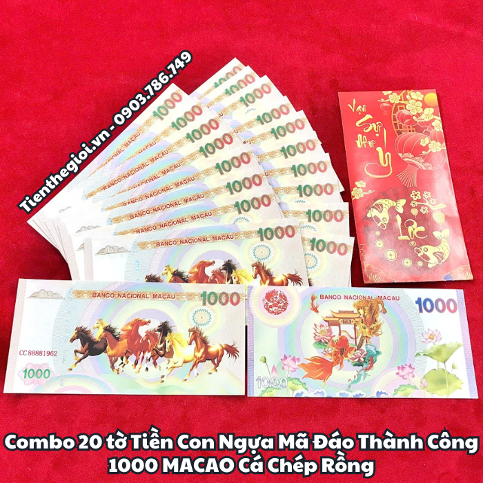 Combo 20 tờ Tiền Lưu Niệm 1000 Macao Mã Đáo Thành Công Cá Chép Rồng
